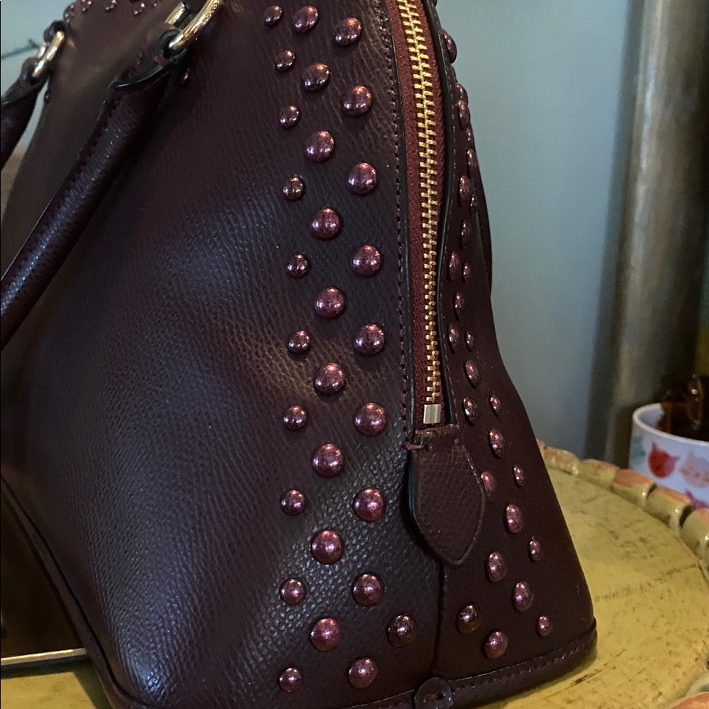 Coach Cora Domed Satchel with Border Studs in Burgundy Crossgrain Leather - Picture 4 of 13